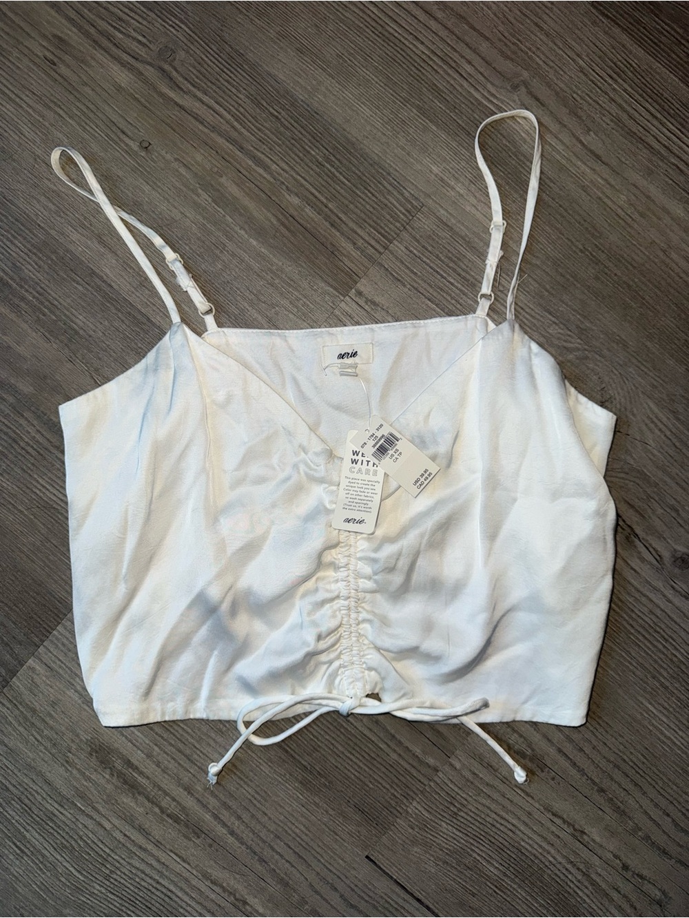 aerie White Ruched Drawstring Crop Cami